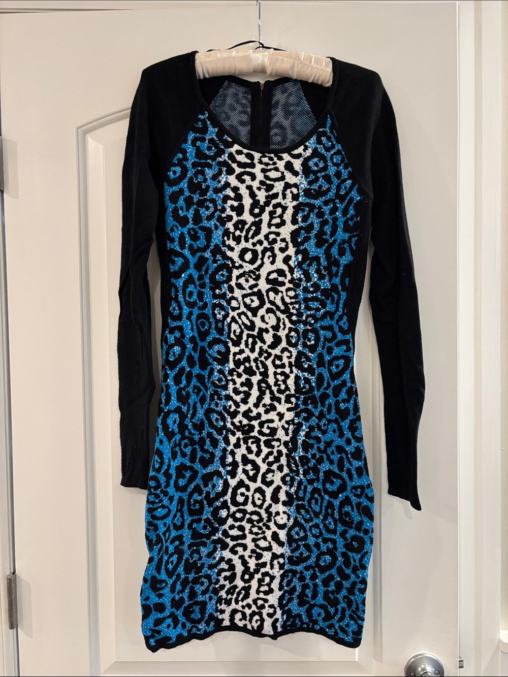 Guess Blue, White & Black Leopard Print Long Sleeve Bodycon Dress